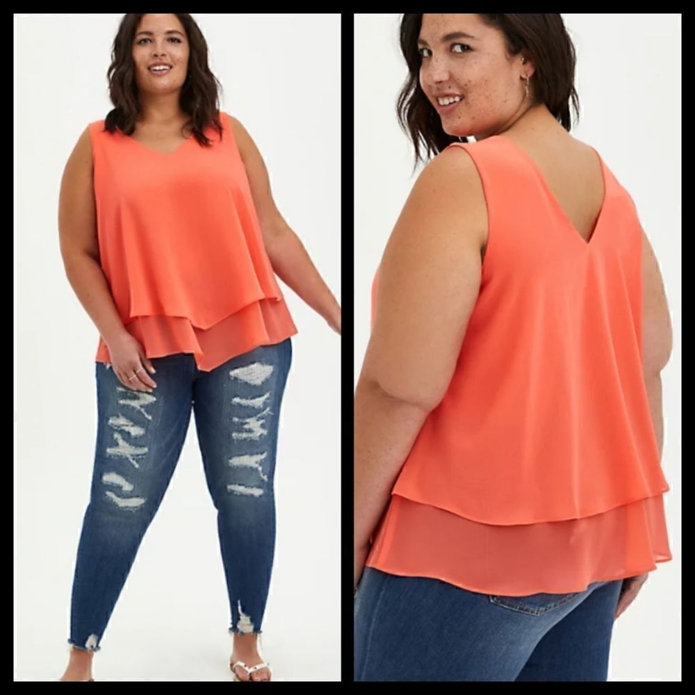 5X 28W Torrid Coral Chiffon Tank Double Layer V Neck Woven Georgette Travel Vaca